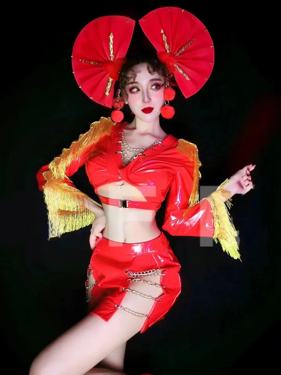 Traje de baile Gogo para fiesta y Bar, DJ, cantante, bailarina, ropa de escenario Sexy, cuero PU rojo, borla dorada, trajes Rave, ropa de actuación