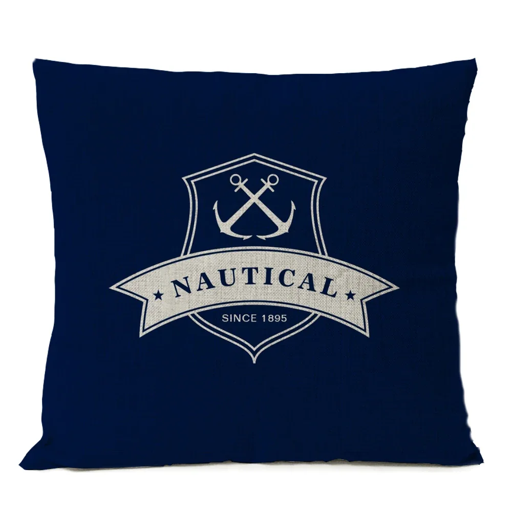 Home Decorative Navigation Blue Compass Anchor Pillow Cover Nautical Shell Fish Linen Pillow Case Mediterranean Cushion Cover