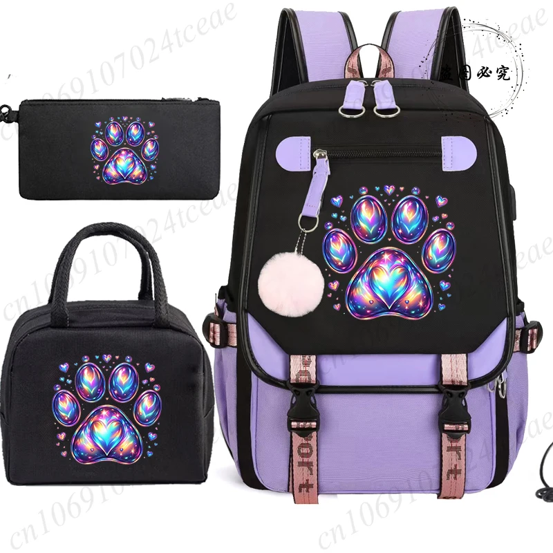 Teenager School Backpack for Students Daily Bagpack Backpacks Colorful Paw Heart Anime School Bag with Pen Lunch Bags 3pcs/set