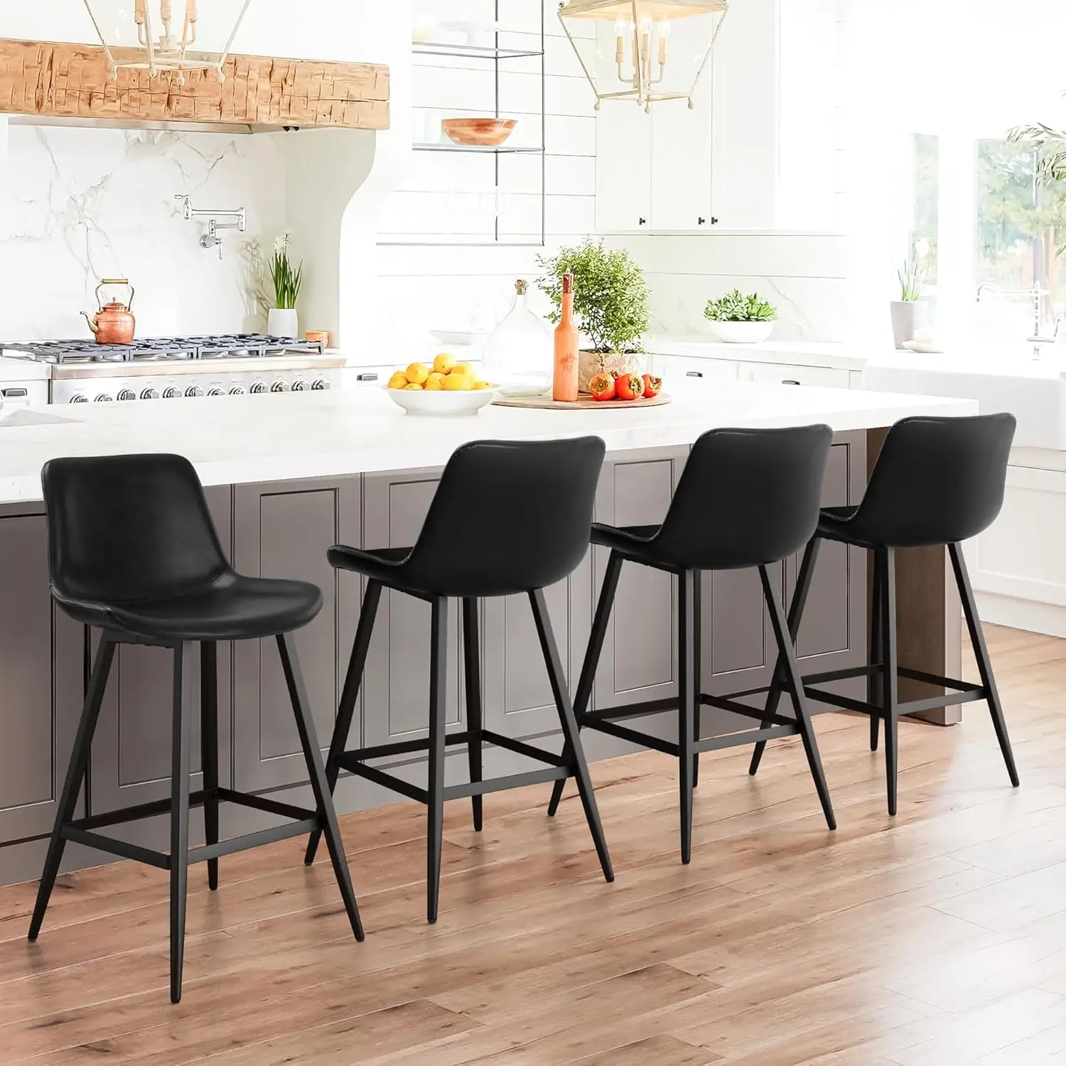 

Armless Bar Stools,26", Upholstered Bar Stool with Back Set of 4, Faux Leather Performance Material in Black, with Metal Legs