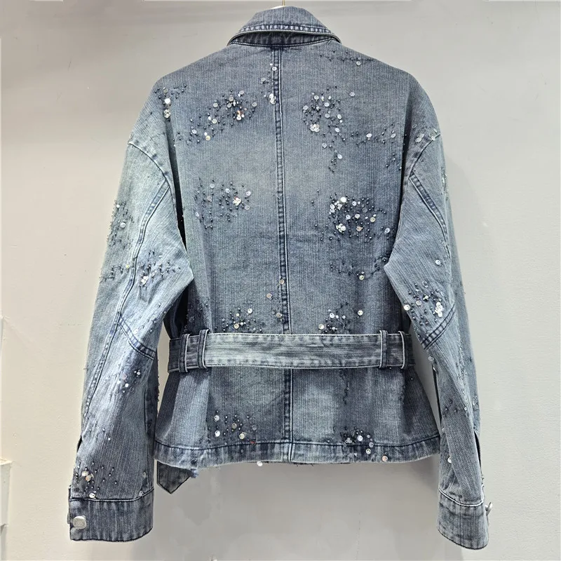 Denim Jacket Women Sequins Coat Turn Down Collar Single Breasted Belt Streetwear Vintage Jackets Washed Outerwear Spring 2026