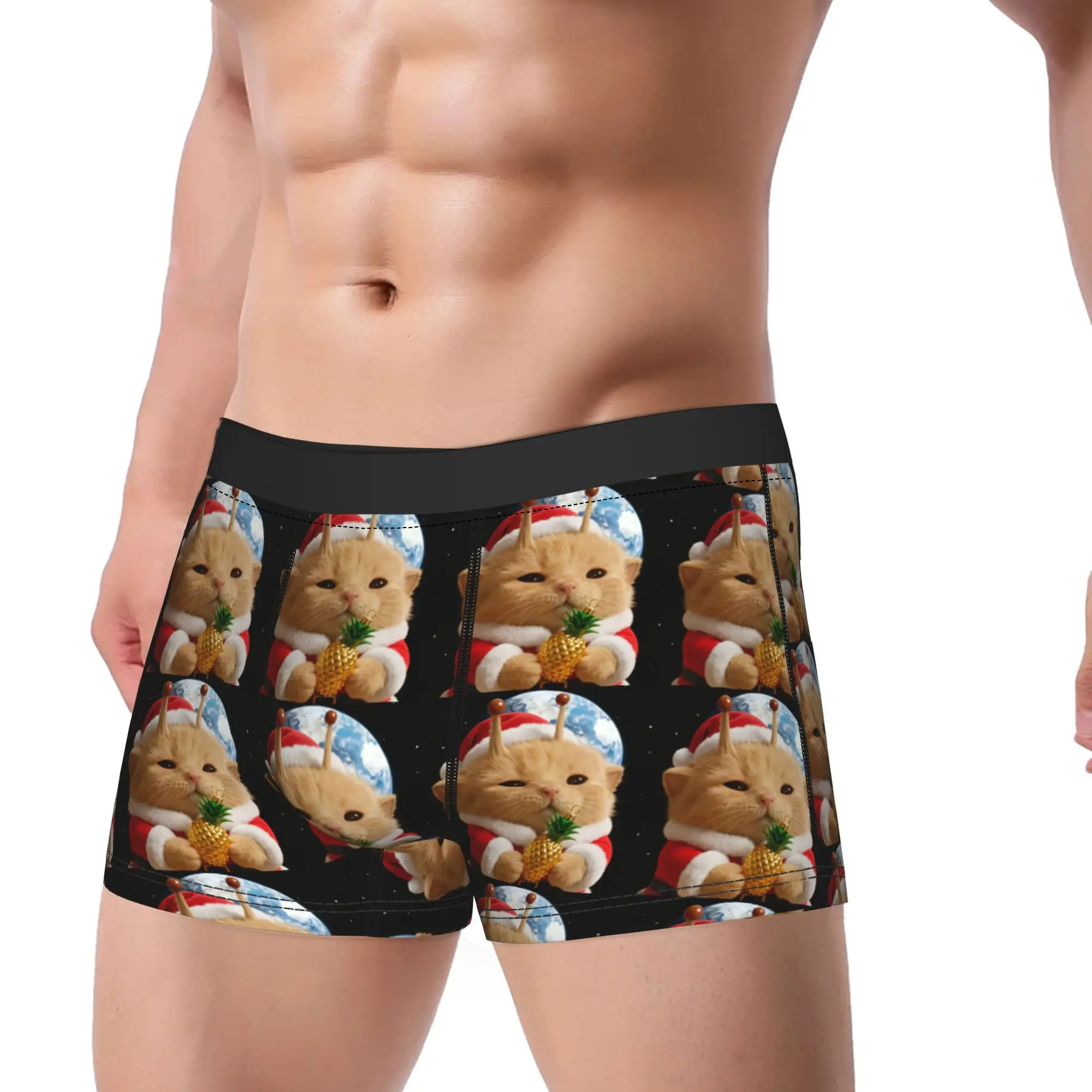 Funny Christmas Space Cat Boxer Brief  Underwear High Quality Males Sexy Soft Trunk Custom DIY Oversize Panties