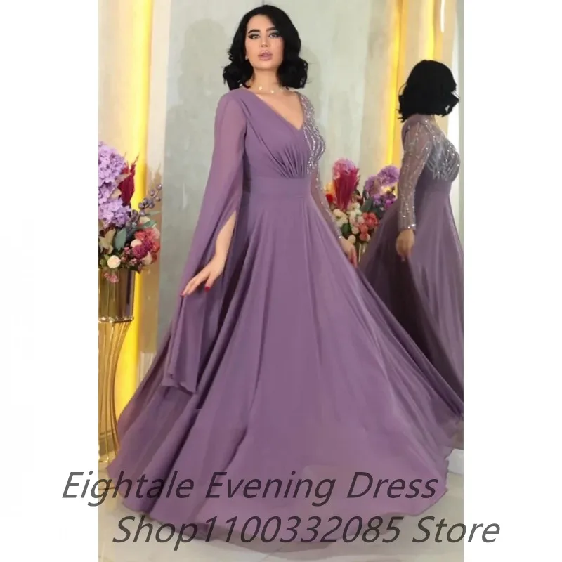 Eightale Customized Chiffon A Line Long Sleeve Evening Dress For Wedding Party Sequined Prom Dress Dubai Party Gown New Arrival