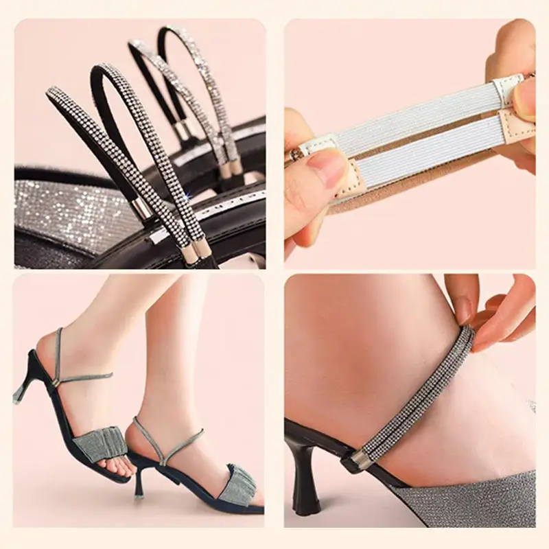 1Pair Rhinestone High Heels Shoes Band Anti-loose Women Diamond Shoelaces Anti-drop Heel Straps Belt Drill Elastic Fixed Belts