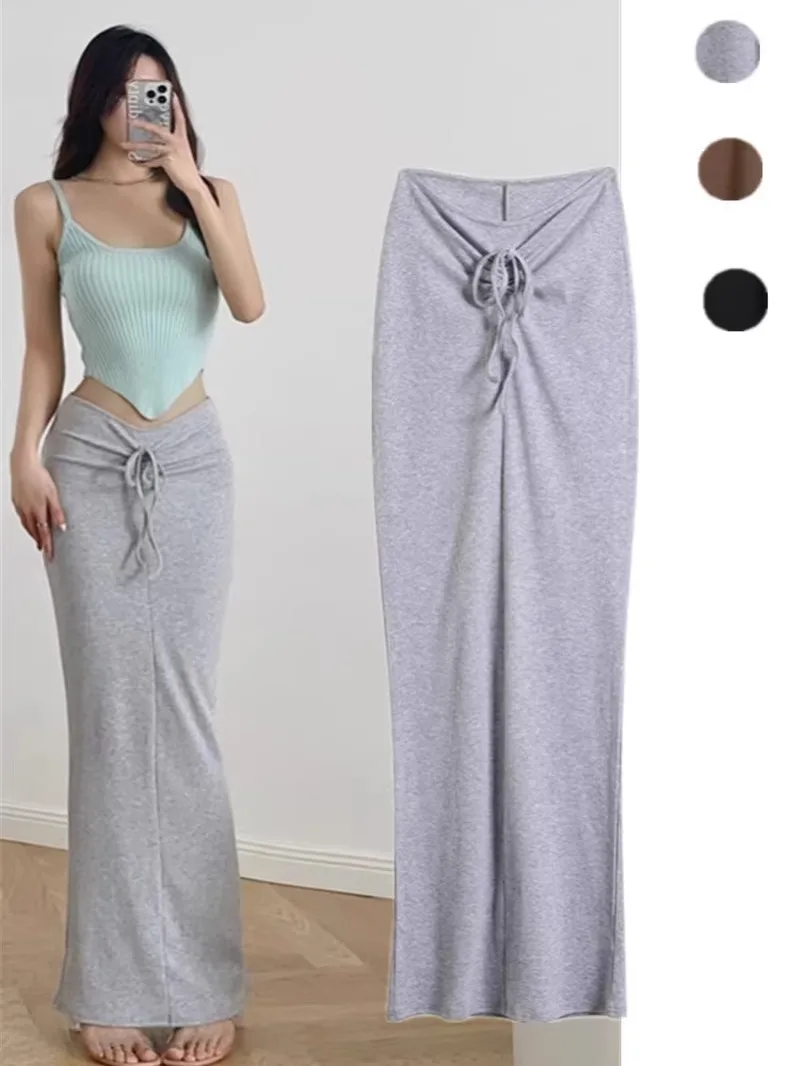 

Sexy High-Waist Dstring Pleated Skirt for Women Pure Color Bodycon Long Skirt Street Sle Mid-Length A-Line Skirt