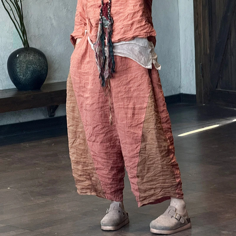 

Women Ramie Casual Pants New Arrival 2025 Summer Vintage Style Patchwork Color Loose Female Linen Ankle-length Pants M667