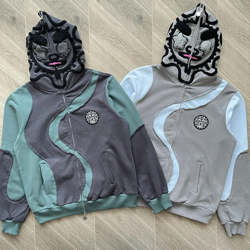 

Мужской худи на молнии Irregular Splicing Glo Gang The Glory с вышивкой из махровой ткани, с острыми углами, сетчатой вставкой и капюшоном-шапкой Fish Star Face, свободного кроя