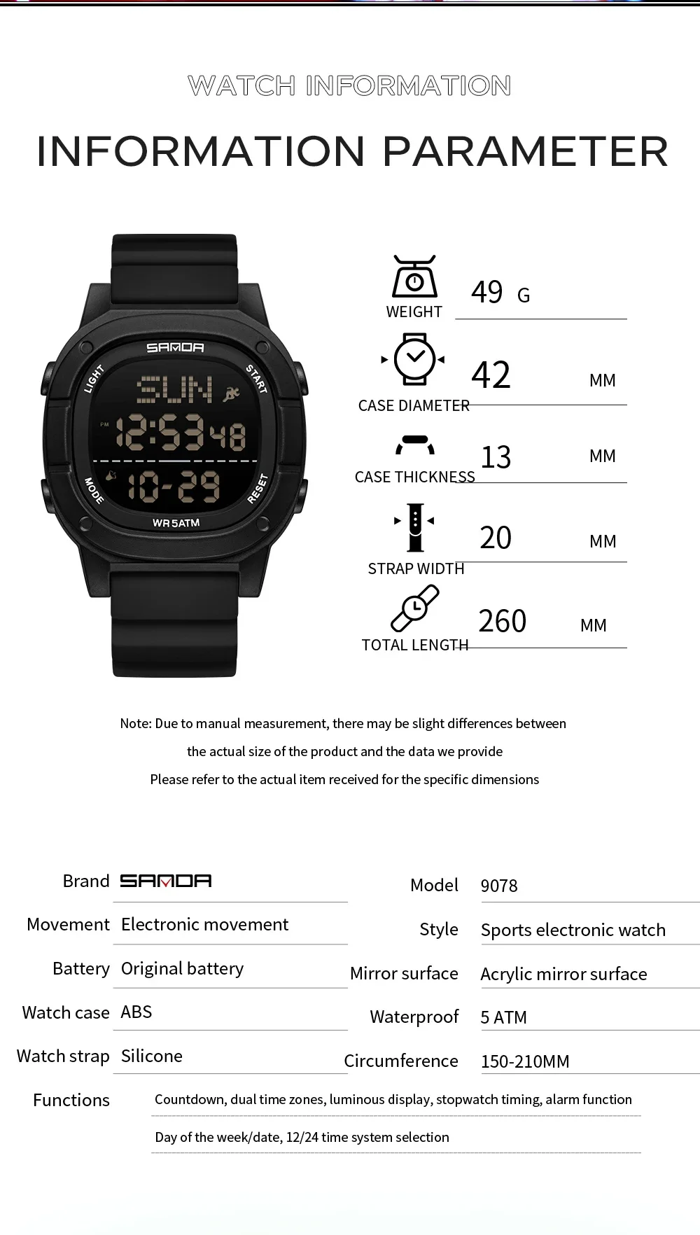 SANDA 9078 أفضل ساعة إلكترونية جديدة للرجال ساعة منبه مؤقت تقويم مقاوم للصدمات ساعة رقمية رياضية وترفيهية