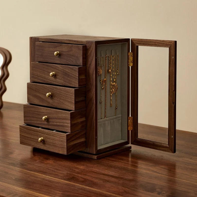 Solid Wood Rotating Jewelry Box, 360 Degree Multi-Layer Drawers and Divided Compartments, High-End Jewelry Storage for Earrings,