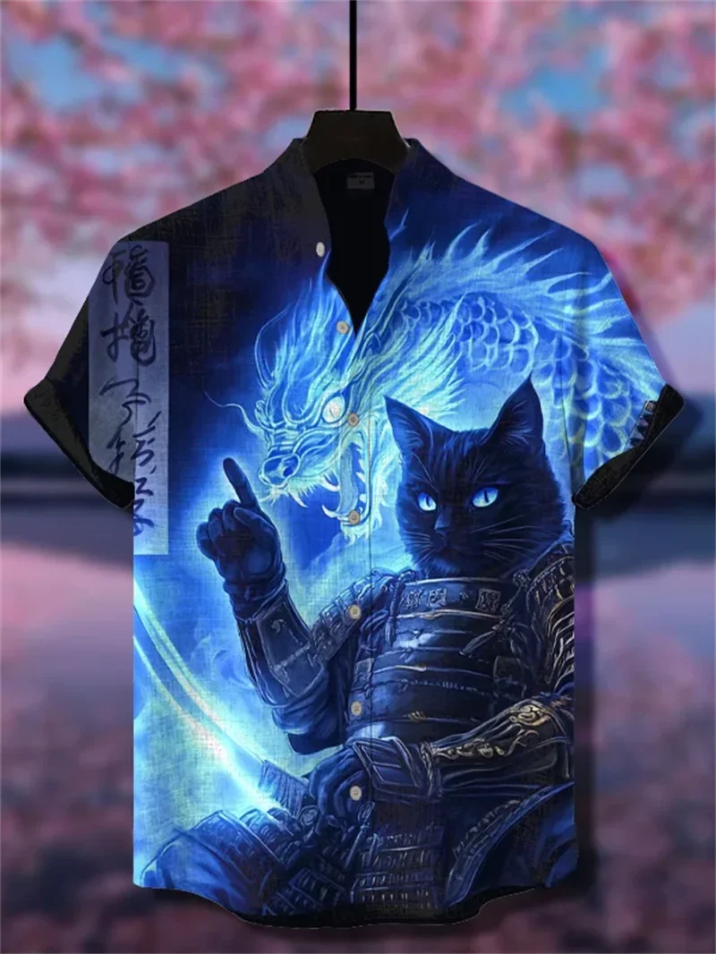 Men's short sleeved linen shirt, 3D solid foundation make-up koi print, China-Chic ink style lapel casual shirt