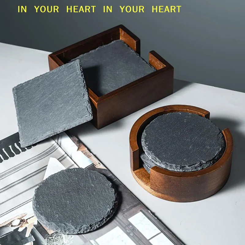 【X】Table Coaster Japanese Style Reusable Slate Stone Drink Coaster Decorative Kitchen Tea Cup Mug Heat Resistant Rock Coaster