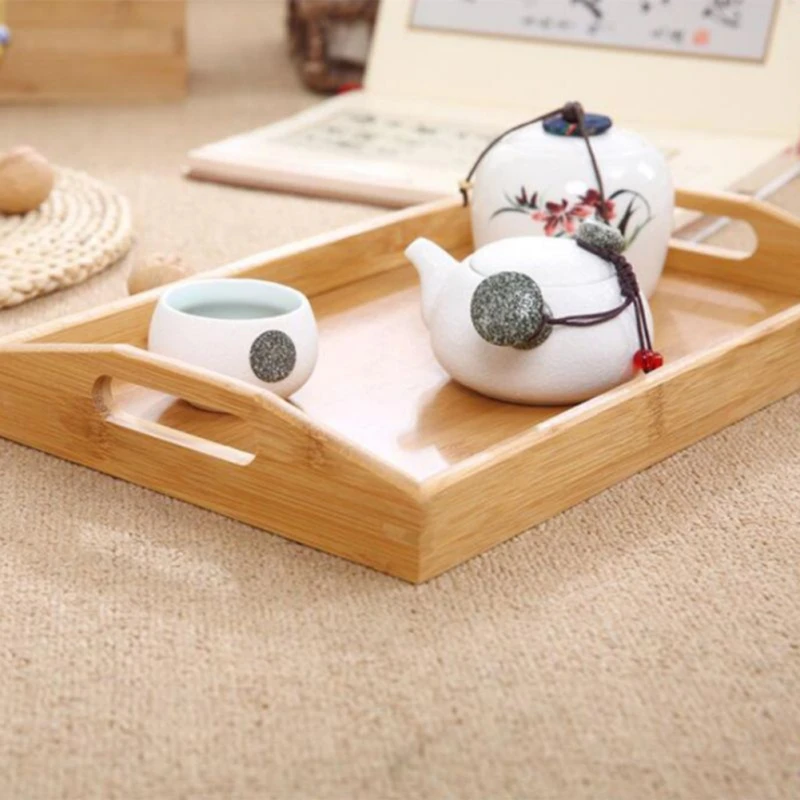 Bamboo Wooden Rectangular Tea Tray Pallet Wood Serving Tray Tea Cup Tray With Handle Wood Dinner Dessert Bread Fruit Food Plate