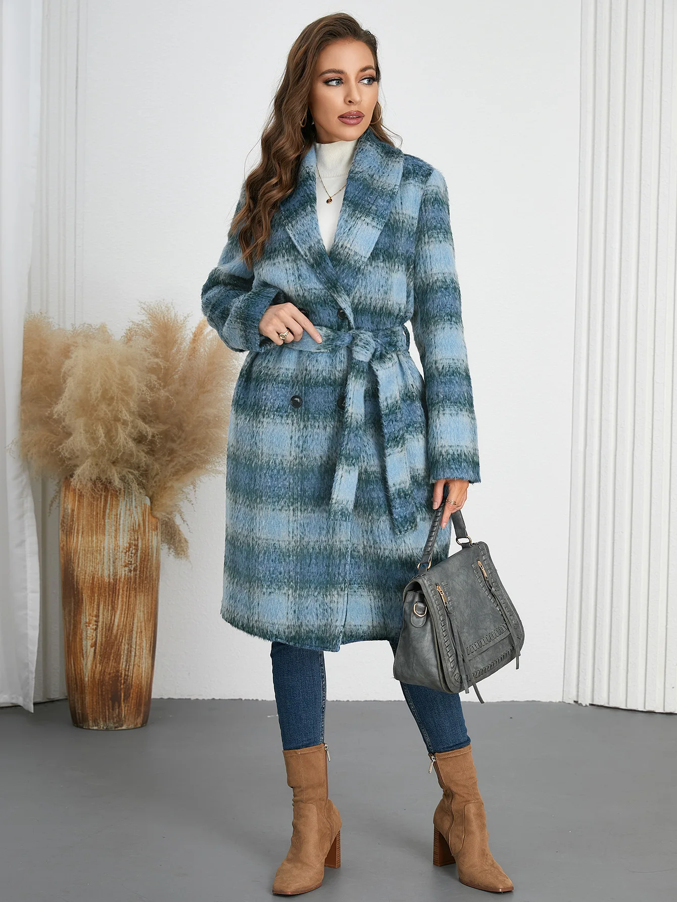 

Women's Winter Coat Retro Gradient Color Plaid Coat Slim Fit Temperament Double-breasted Mid-length Jackets Women Casual Tops