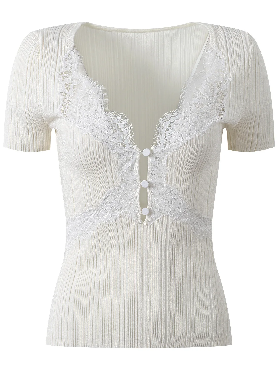 

Ele Sle Lace Splice Slim Fit V-Ne ort Sve Knitted Top Faionable Spring Summer New Arrival White Ladies T-irt