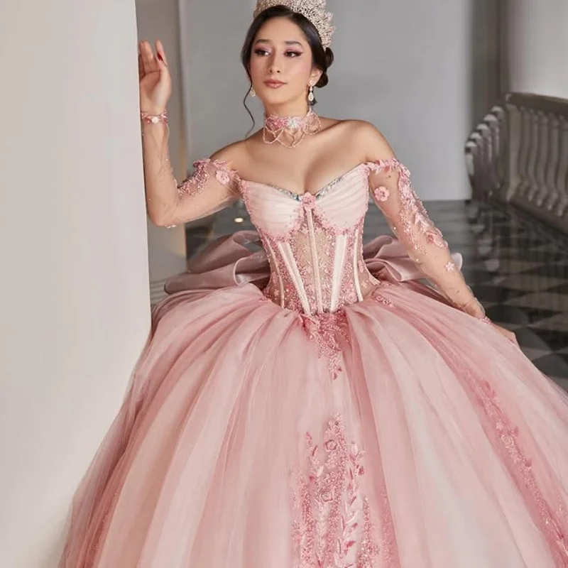 

Customized Pink Quinceanera Dresses Off the Shoulder Sequin applique crystal Tull Big Bow Long tail Vestido 15 Quinceanera
