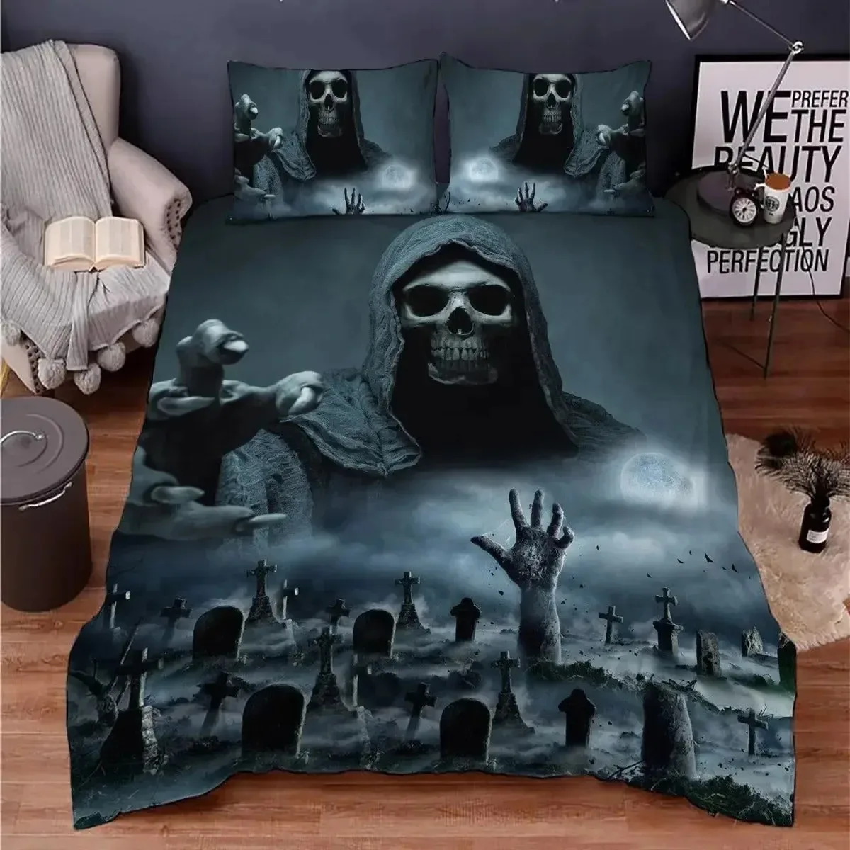 

Skull Chevalier Duvet Cover Set King Size Horror Skeleton Bedding Set Day of The Death Comforter Cover for Boys Men Gifts