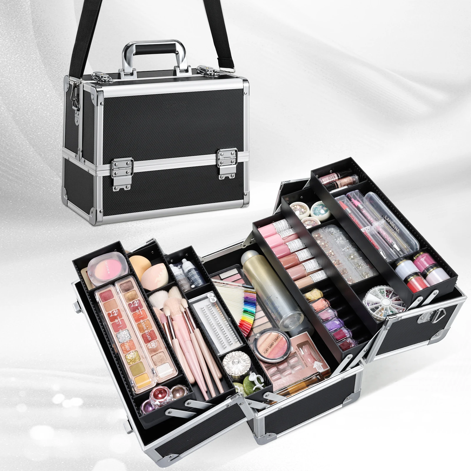 Professional Make Up Train Carrying Case with 6 Trays Locking Shoulder Strap Hard Vanity Storage Makeup Train Case Makeup Case