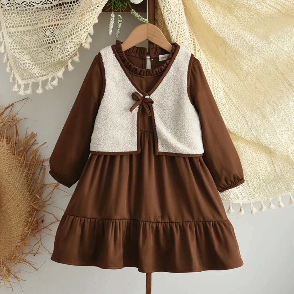 Frühling und Herbst Neue 2-teiliges Set Süße Kinder Kleidung Mädchen Kaffee Farbe Langarm Kleid + Beige Teddy samt Weste