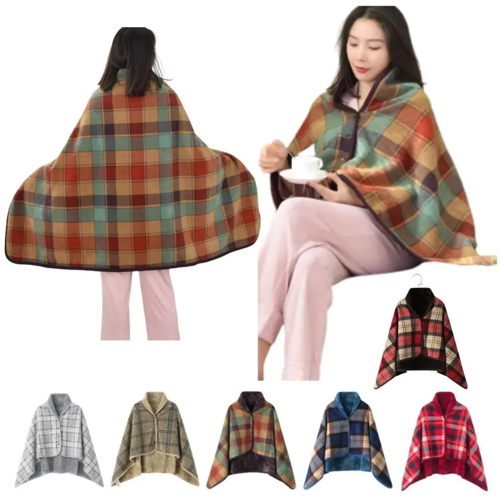 Plaid Wearable Blanket Fleece-lined Soft Home Shawl Blanket Polyester Thicken Casual Office Blanket Outdoor Travel