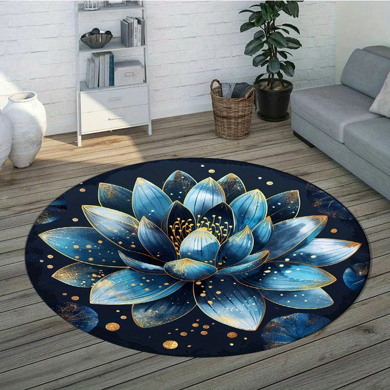 Blue Lotus Pattern Round Cushion – Machine Washable Decor for Bedroom & Living Room