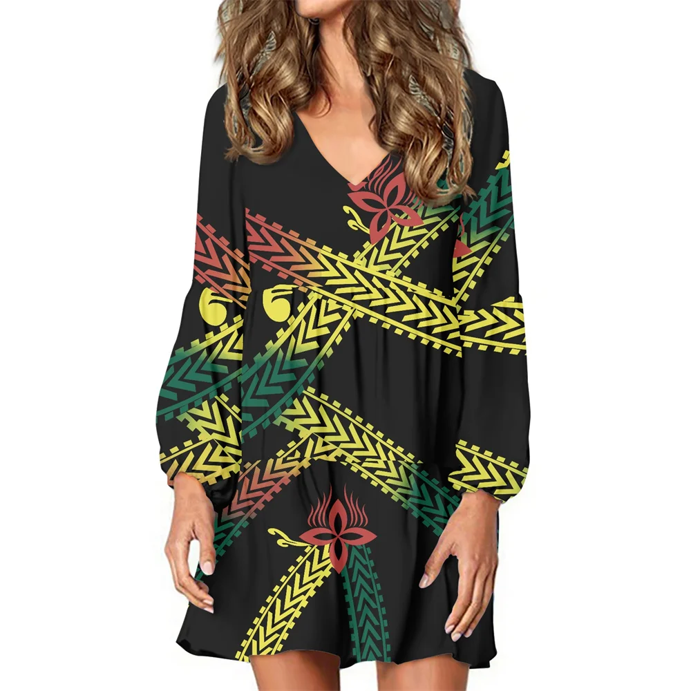 Autumn Women Party Polynesian Tribal Samoan Fijian Tapa Flower Print V-neck Dresses Loose Lantern Long Sleeve Mini Dress