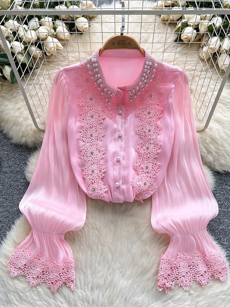 

Весенне-осенняя французская кружевная рубашка с расклешенными рукавами и бусинами для женщин, модная розовая универсальная струящаяся сетчатая блузка, топ W83