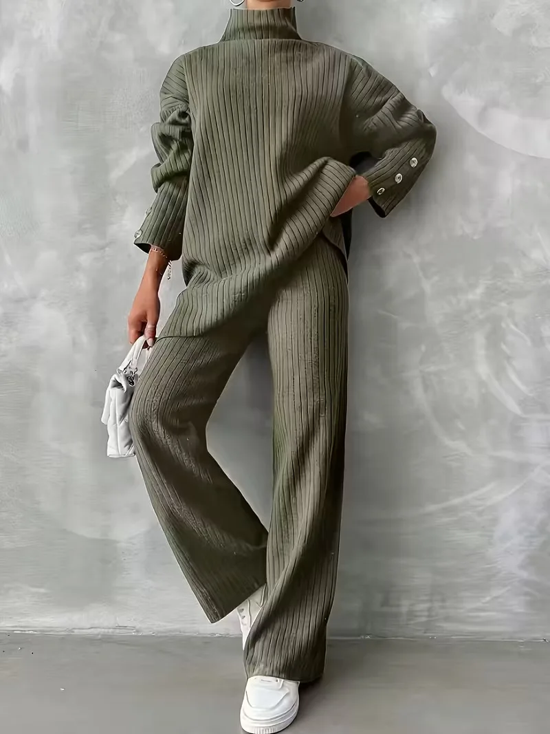 الخريف الشتاء 2 قطع النساء مجموعات محبوك رياضية 2025 جديد الياقة المدورة البلوز القمم واسعة الساق الركض بانت الدعاوى ملابس غير رسمية