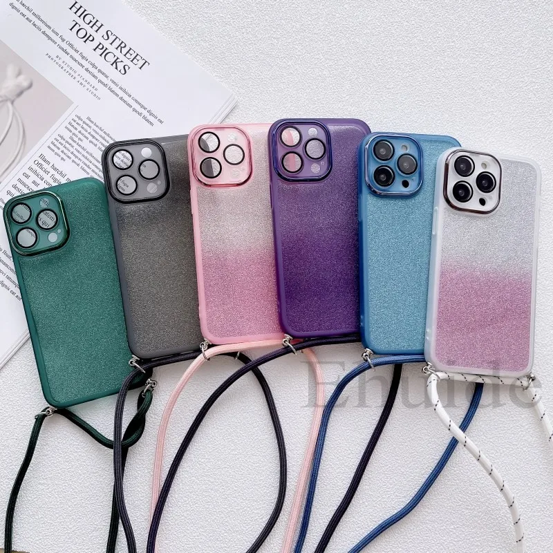 Luxury Crossbody Strap Neck Lanyard Case For Xiaomi Mi 14T 13T 12T 11T Pro POCO X5 F5 F6 X6 Redmi 13 Lens Protect Glitter Cover