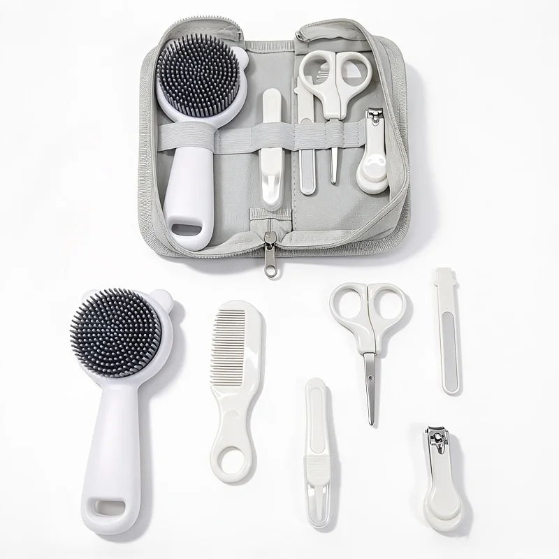 Newborn care set, shampooing and massaging brush, PP small comb, nail clippers / scissors / nail file, canvas storage bag
