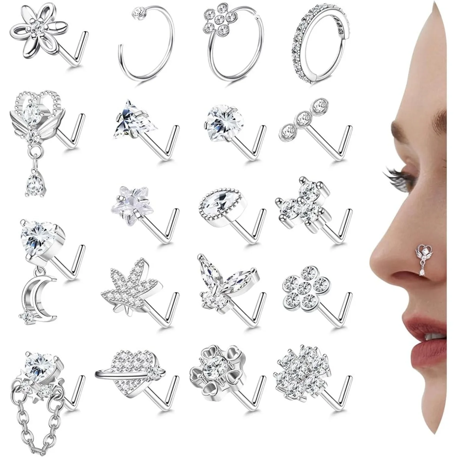 ORAZIO 20Pcs 20G Surgical Steel Nose Piercing Set Silver plated CZ Nostril Stud Rings Hypoallergenic Piercing Jewelry Women Gift