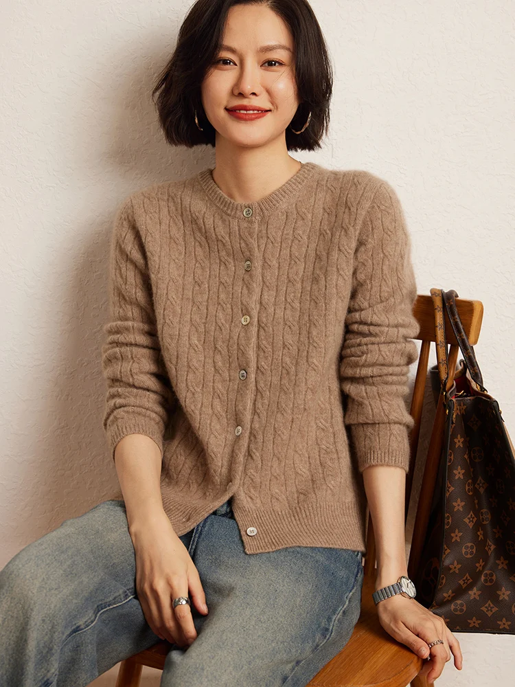 

Twisted Floral Vertical Stripe Cardigan Autumn Winter Soft Warm 100% Cashmere Sweater Retro Casual Knitting Woman Clothes Office