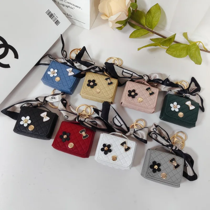 Light Luxury Mini Square PU Leather Storage Pouch Multi Purpose Charm Pendant Decor Bag For Earphones Coins Car Keys Tiny Jewelr