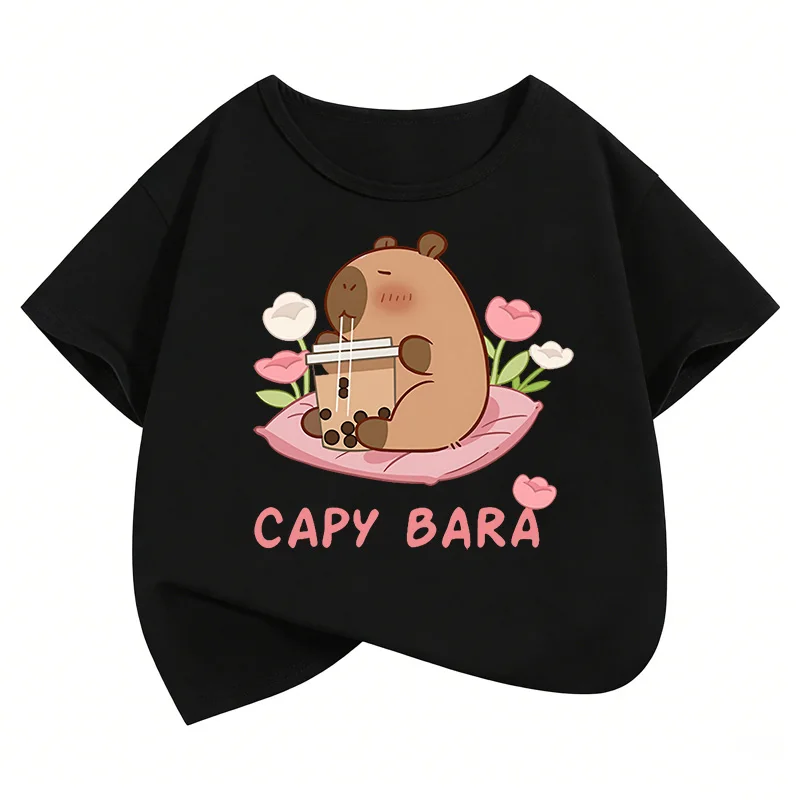 Kawaii Capybara Kids Tshirts Summer Short Sleeve Tees Cartoon Animal Boys Girls Clothes Kawaii Tops Y2K Children T-shirt