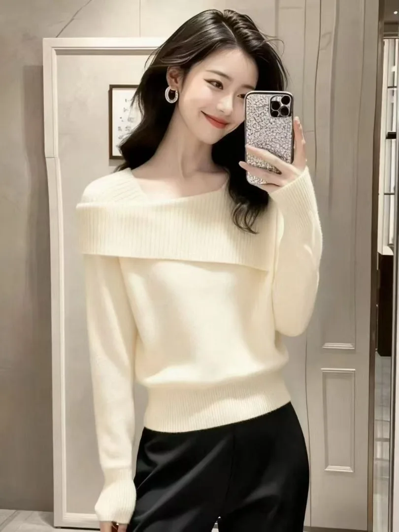 Faionable oulder Bared Long Sve pull tricoté col haut Ele Sle automne hiver femmes doux laine mélange tricots