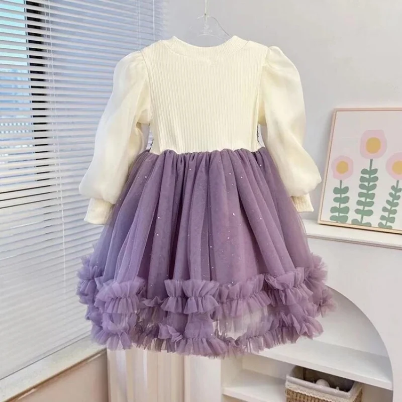 Dress Girls\' Spring and Autumn2024Dress New Children\'s Birthday Sequined Fashionable Fleece-Lined Gauze Dress Princess Convex Sk