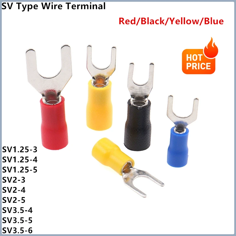 

50Pcs SV Type Wire Spring Terminal SV1.25 SV2 Fork U Y PVC Insulate Ferrules Block Spade Cold Press Cable End Crimp Connector