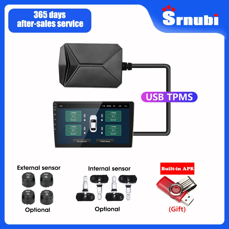 Srnubi Android TPMS for Car Radio DVD Player Tire Pressure Alarm Monitoring System Spare Tyre Internal External Sensor USB TMPS