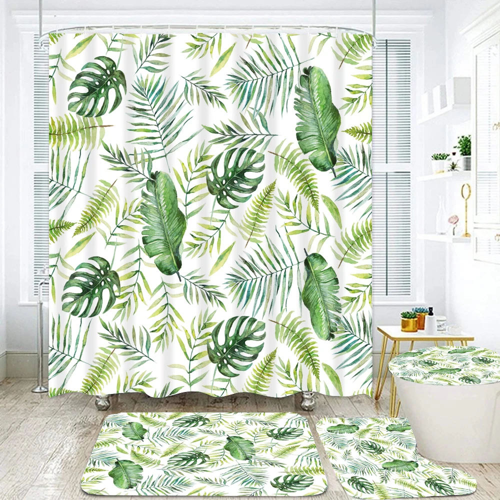 180*180cm Printed Shower Curtain Green Leaf Plant Bathroom Curtains Set Leaves Bath Mats Rugs Toilet Lid Cover Anti-slip Carpet