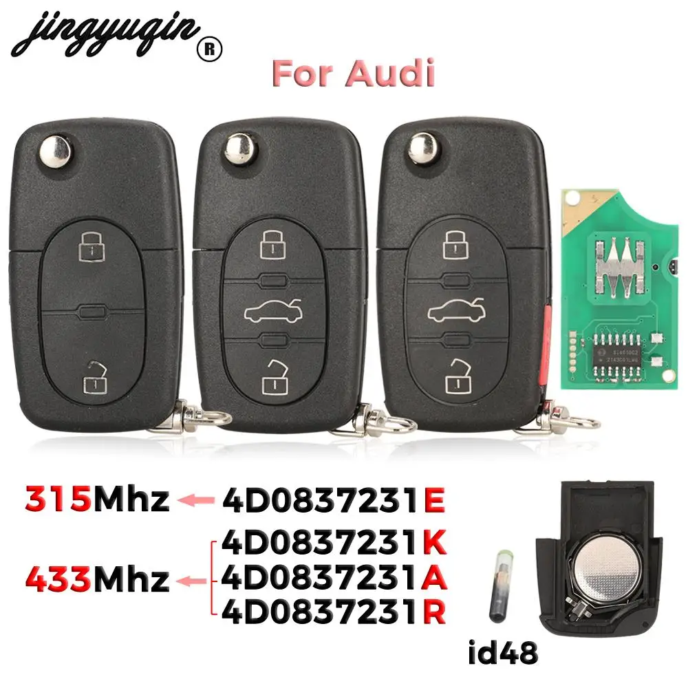 

Jingyuqin 4D0 837 231 E/ K/ A/ R 315 МГц/433 МГц для Audi A3 A4 A6 A8 TT RS4 Quattro старые модели id48 чип Складной автомобильный дистанционный ключ