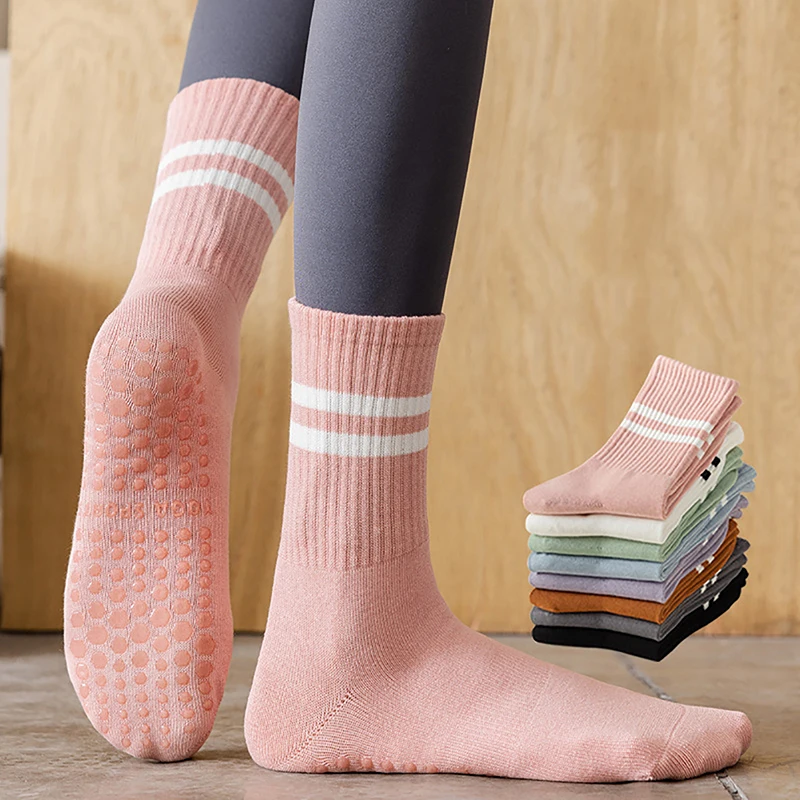 Non-slip Yoga Socks Women's Mid-calf Pilates Socks Professional Sports Fitness Solid Colour Floor Socks