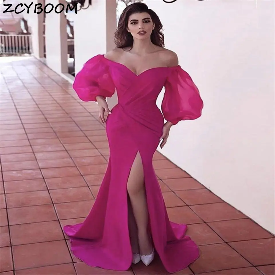 Fuchsia Split suknie balowe 2023 kobiety formalne nocna impreza syrenka tiul Vestido De Gala Off The Shoulder V-Neck długa suknia wieczorowa