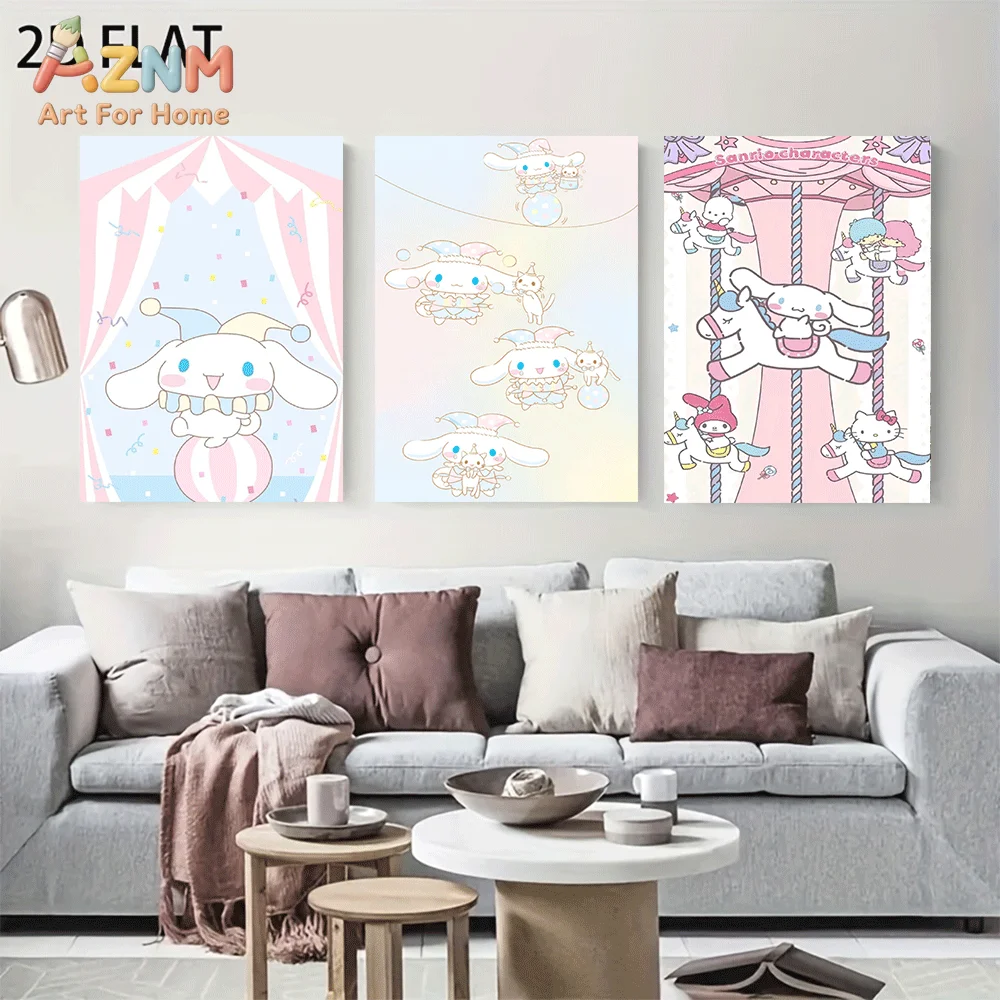 AZNM Cinnamoroll Canvas Wall Art Unframed Cute Cartoon Print Poster Circus Tent Carousel Unicorn Kitty My Melody Pastel Color De
