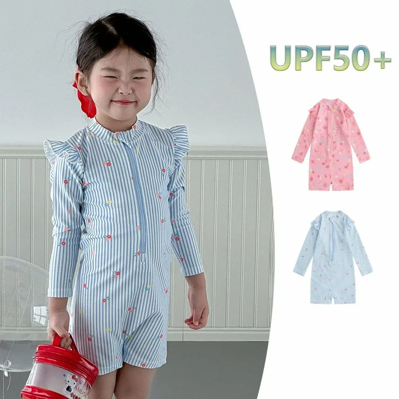 

Детские купальники для девочек, цельный купальный костюм с мультяшным рисунком, легкий, с защитой от солнца, быстросохнущий, с длинными рукавами