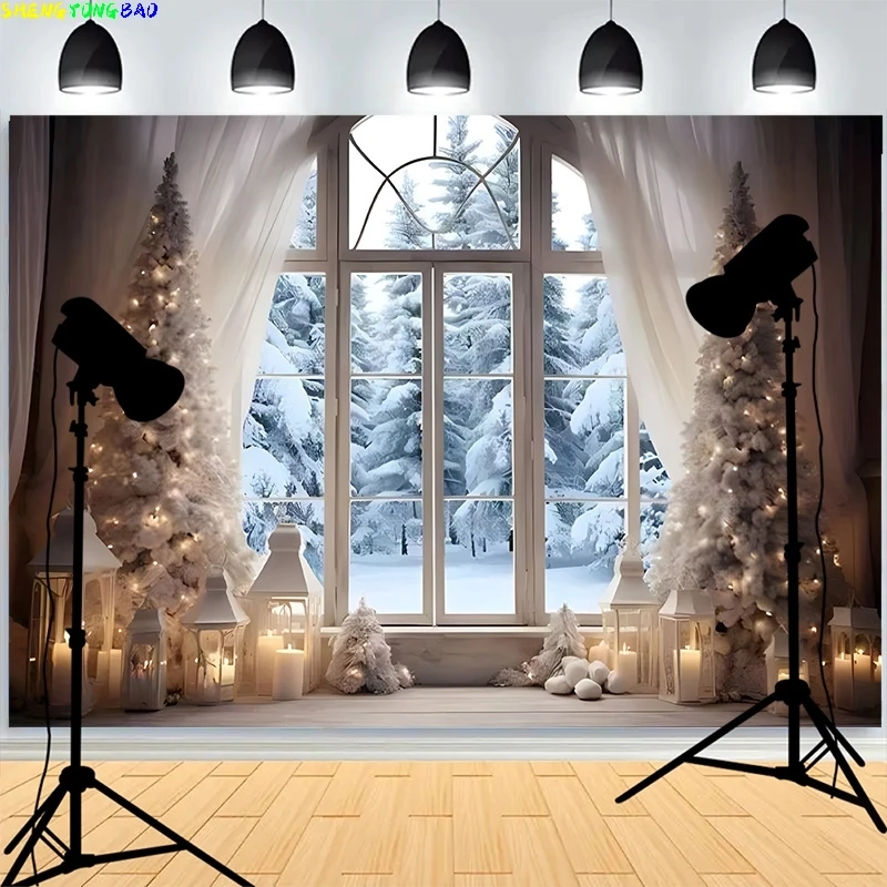 

Winter Snow Window Christmas Day Background Fireplace Living Room Decoration Family Party New Year Photography Backdrops AG-02