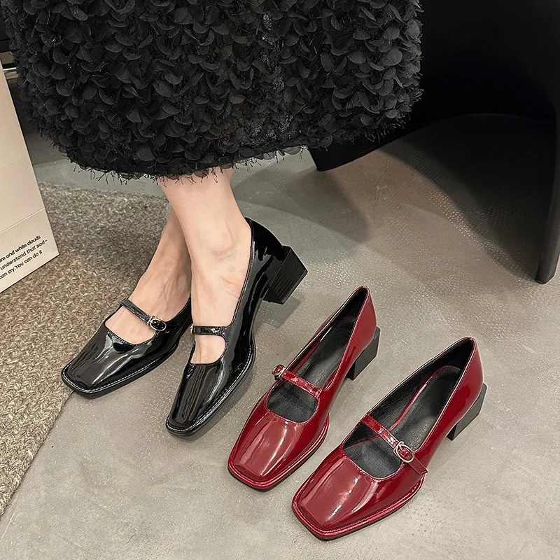 

2025 Fall New Red Mary Jane Pumps for Women French Retro Style Mid Heel Shoes with Buckle Strap Chunky Block Heel