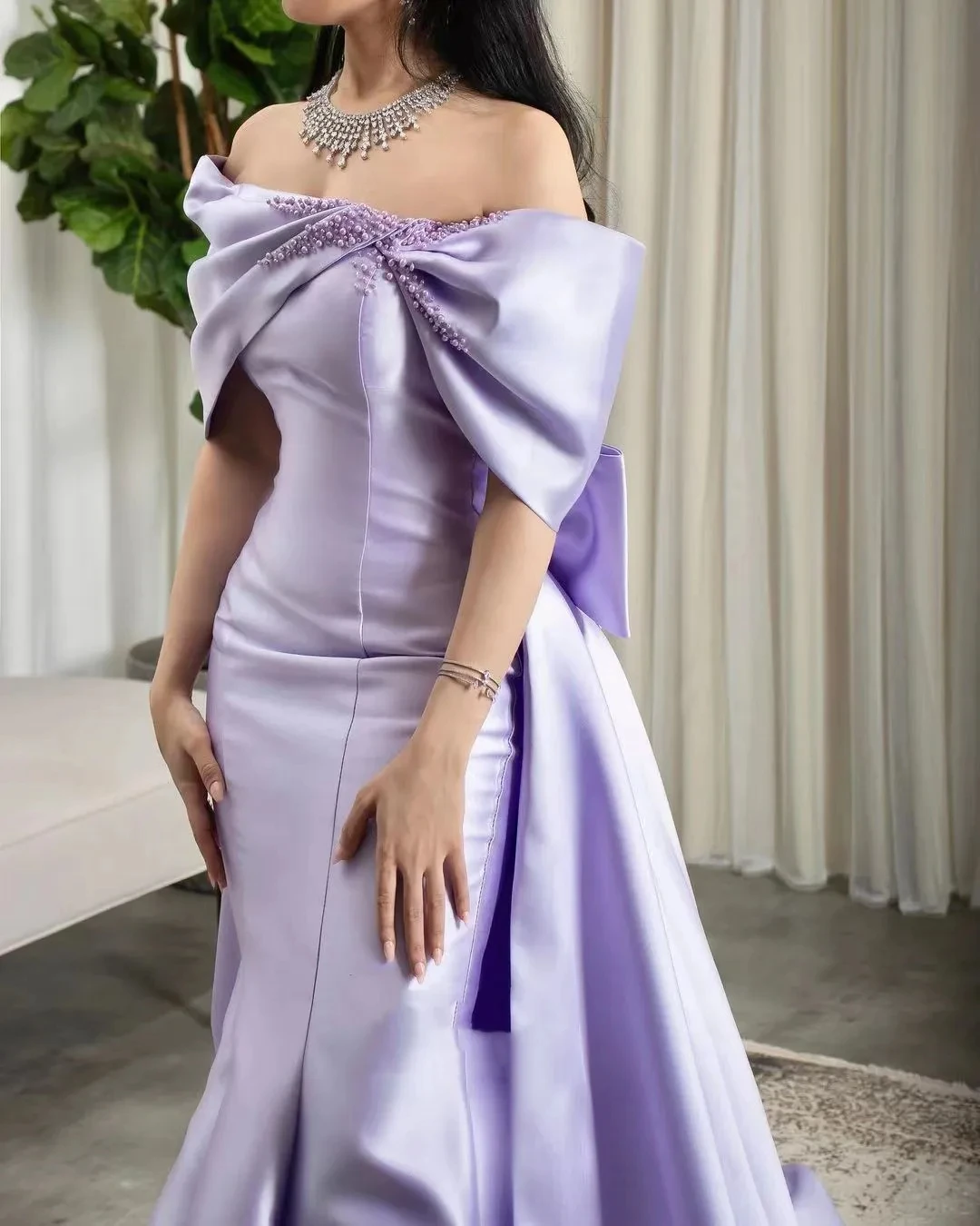 

ROSELLA Purple Bow Off Shoulder Prom Dress Pearls Formal Gown with Overskirt Evening Gown Lace Up Sweep Train vestidos de novia