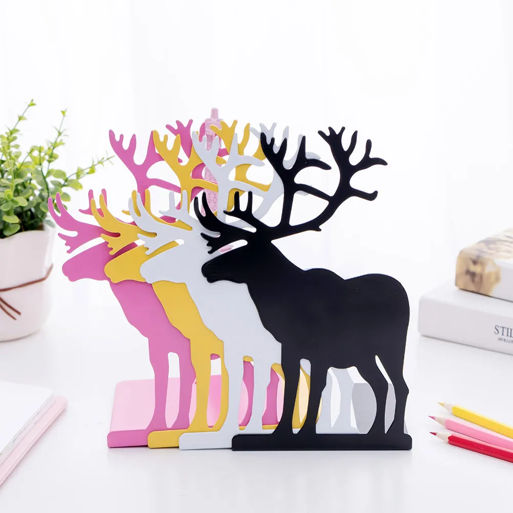 1Pair Metal Elk Shape Book Stand Sturdy Bookend for Books Storage Desktop Organization Home Office Use Black Book Stand
