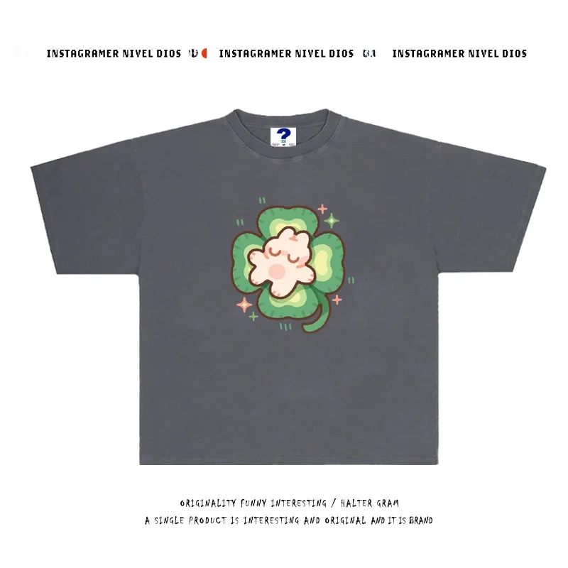 

Милая футболка с принтом Luy Four Le Clover из чистого хлопка, повседневная, с коротким рукавом, для молодых женщин, дышащий летний топ