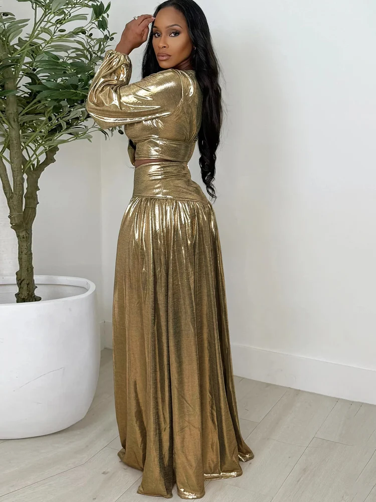 Kricesseen Elegant Metallic Gold Two Piece Set Women Ruched Crop Top&High Waist Pleated Skirt Set Metallic Party Co-ord Outfit