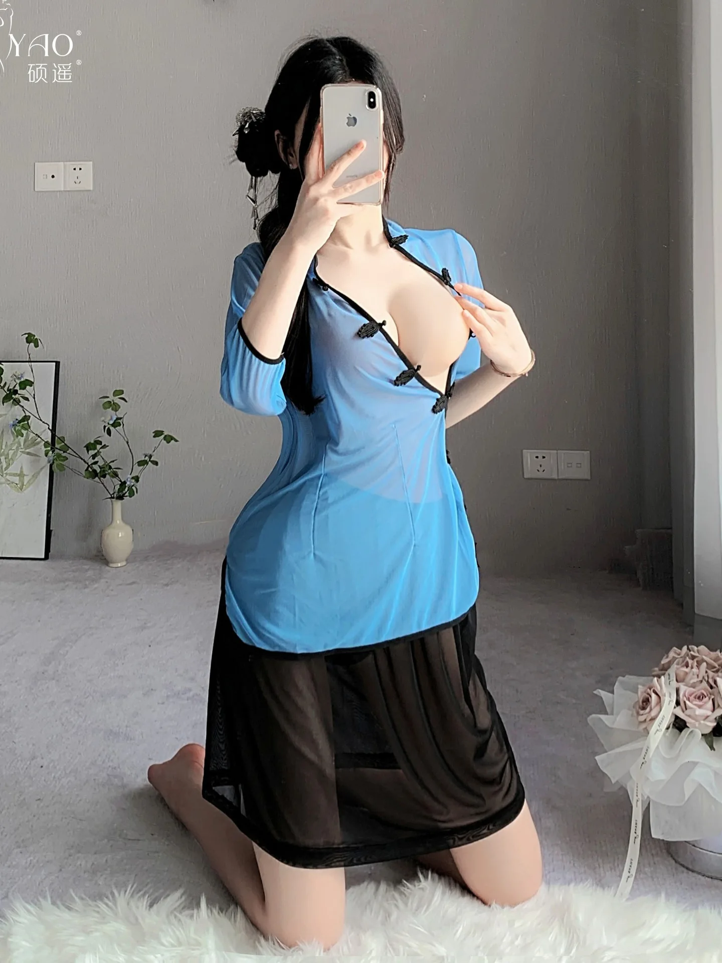 New Style Sheer Charm Side Split Mature Elegant Romantic Mesh Cheongsam China Style Long Dress Erotic Uniform Loose Sexy GR55